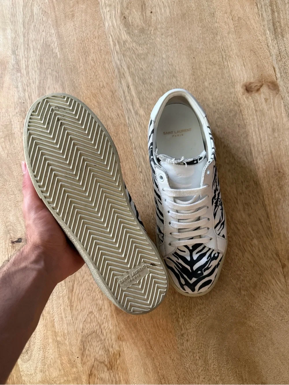 Saint Laurent Paris Zebra Print Lace-Up Sneakers in White and Black